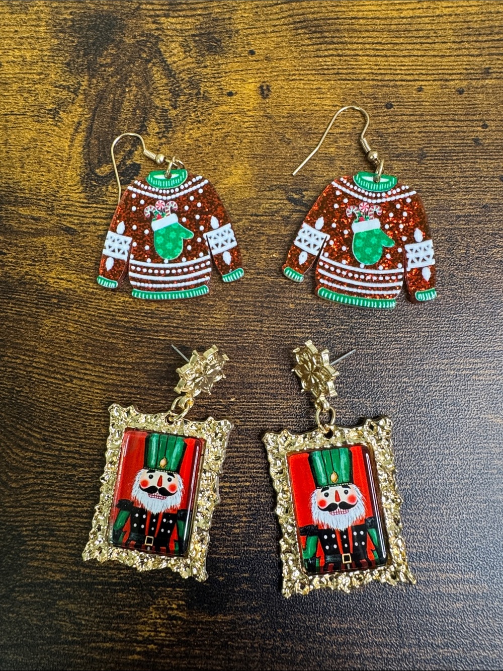 Holiday Sweater and Nutcracker Earrings - Green & Red Holiday Earrings